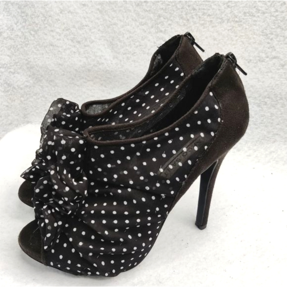 Marco santi Peep Toe Bootie Stiletto 5" Heels Black White Ruffle Sz 7.5